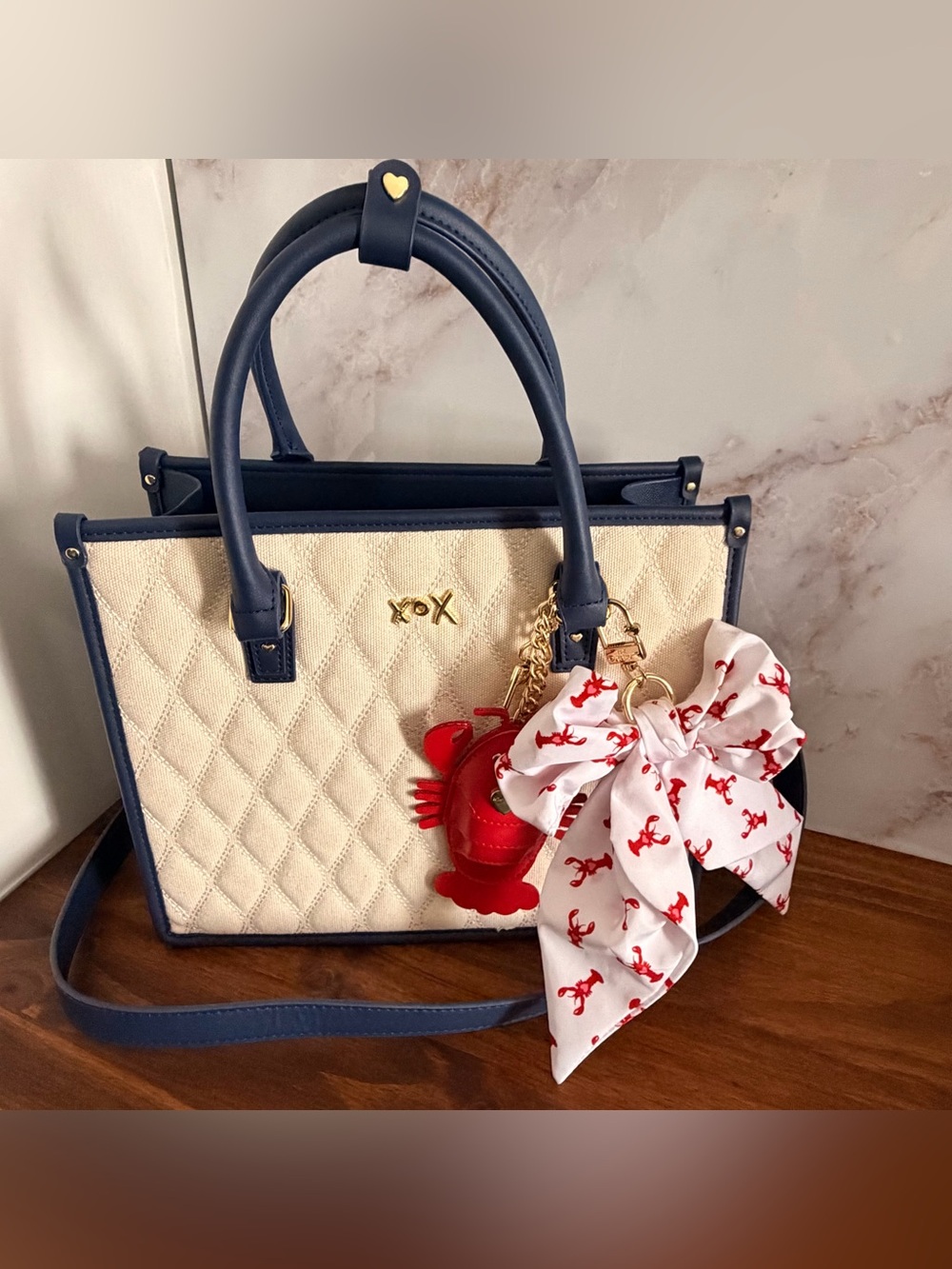 Betsey Johnson Beach Canvas Satche Cream with Navy with Lobster Print and Charms